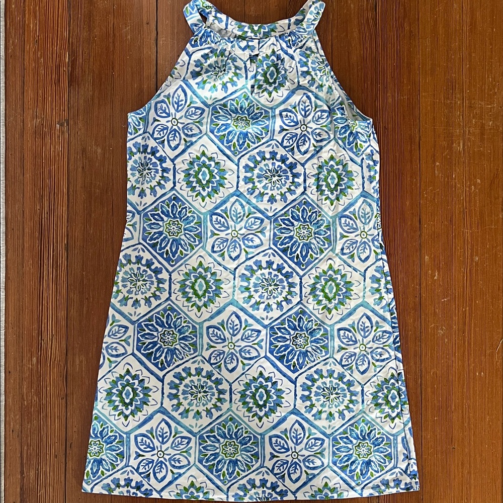 Jude Connally Mosiac Blue, Green & White Floral Halter Dress